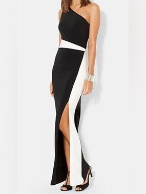 Lauren Ralph Lauren Black and White One-Shoulder Jersey Evening Gown